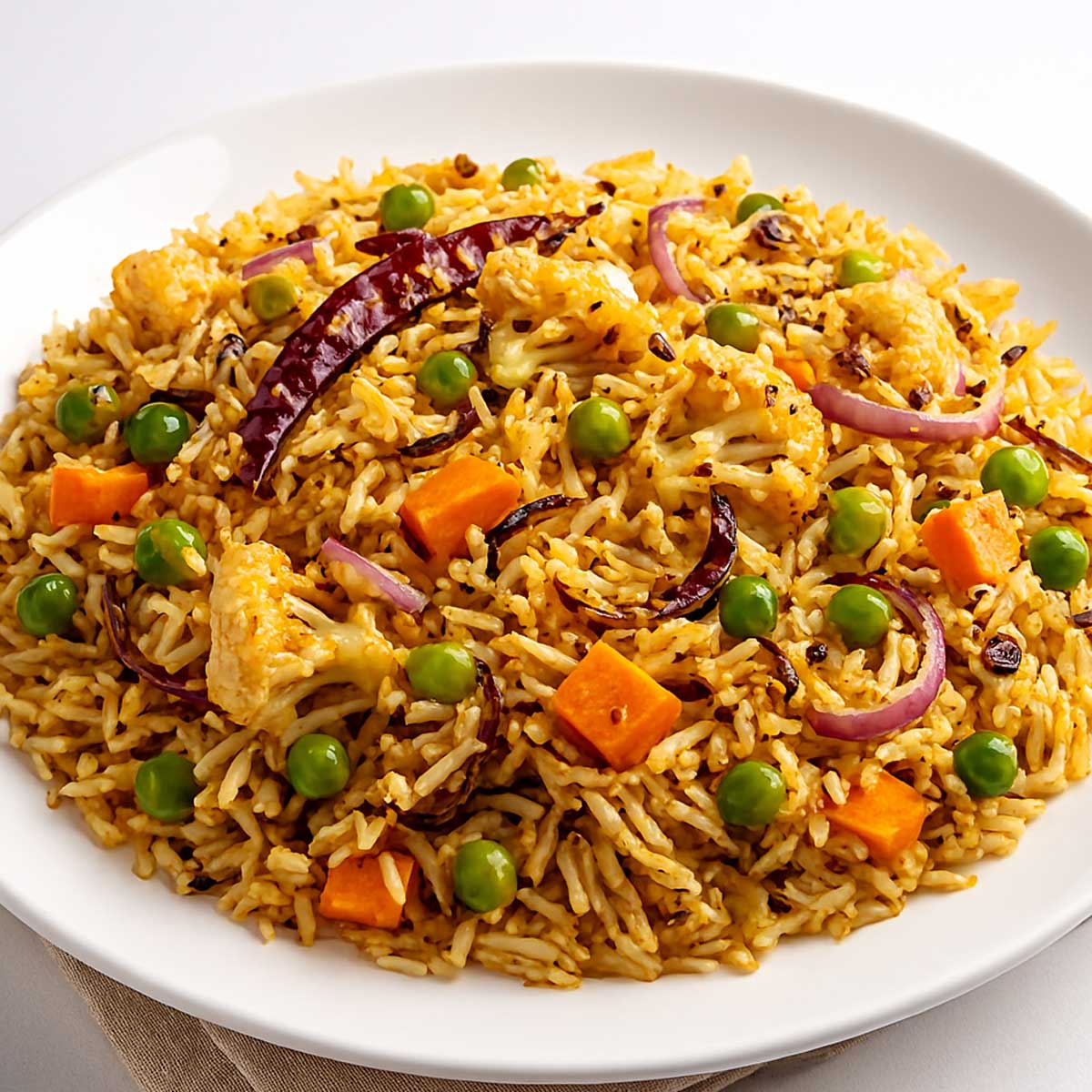 Masala pulao served on a plate, garnished with fresh coriander and cooked with vegetables and basmati rice.