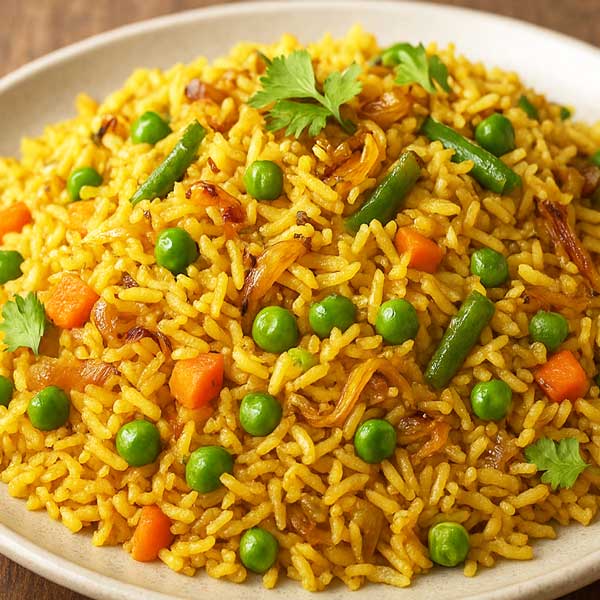 masala pulao with vegetables, onions, and green chilies, served on a white plate as a wholesome Indian meal.