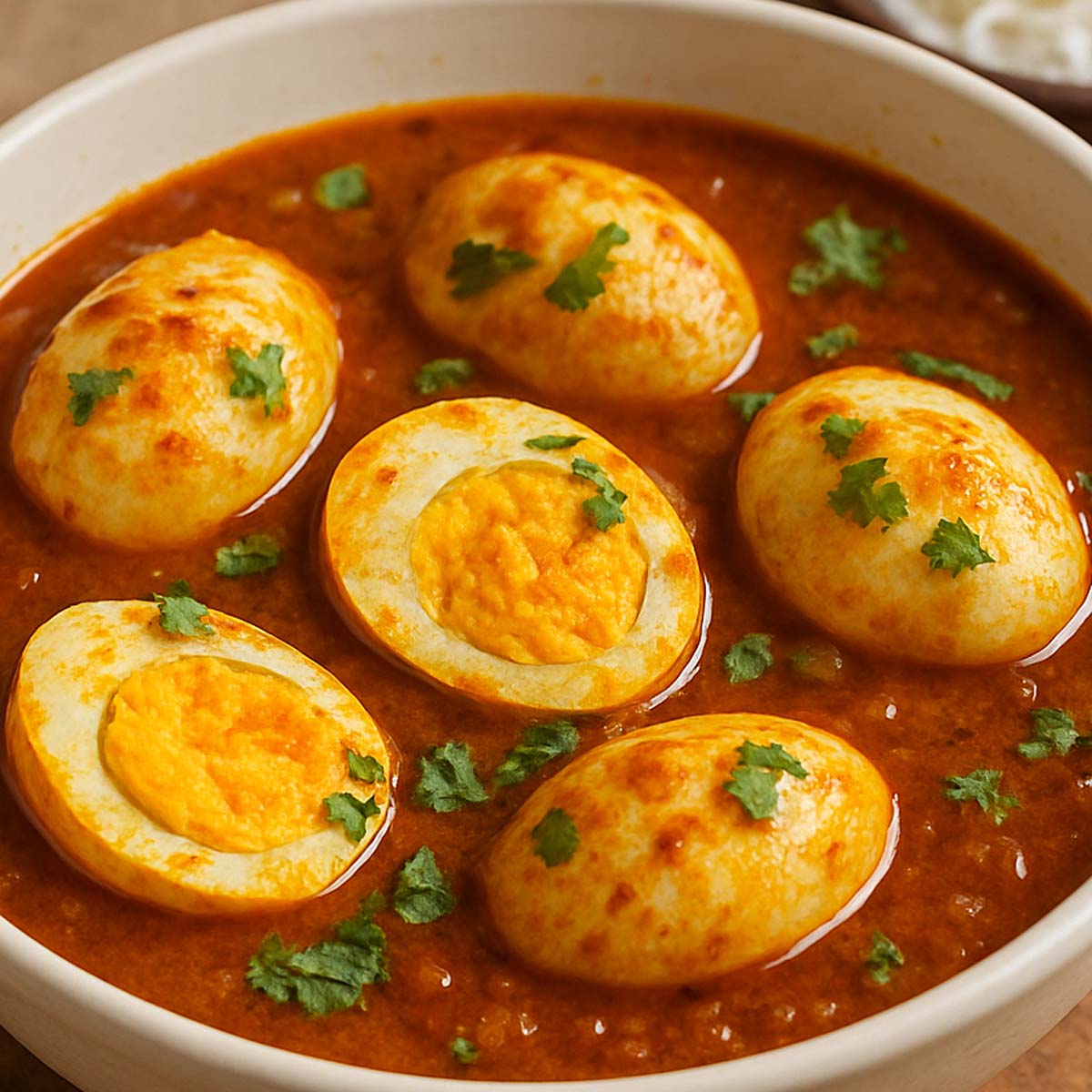 Spicy Indian egg curry with boiled eggs simmered in a rich tomato onion gravy.