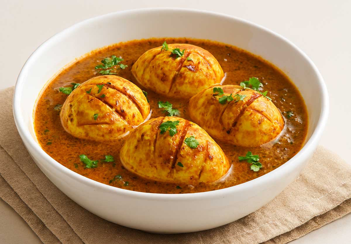 Traditional North Indian egg curry cooked with spices, onions, tomatoes, and coriander garnish.