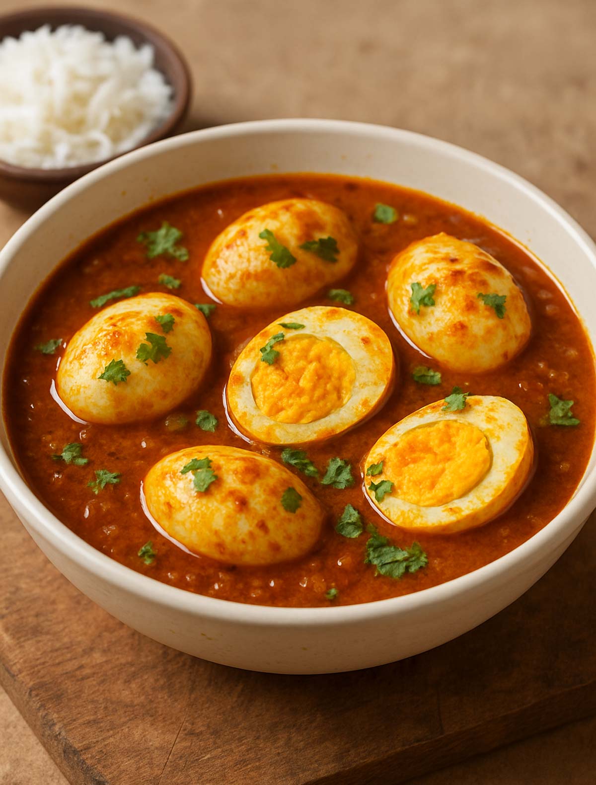 Traditional North Indian egg curry cooked with spices, onions, tomatoes, and coriander garnish.
