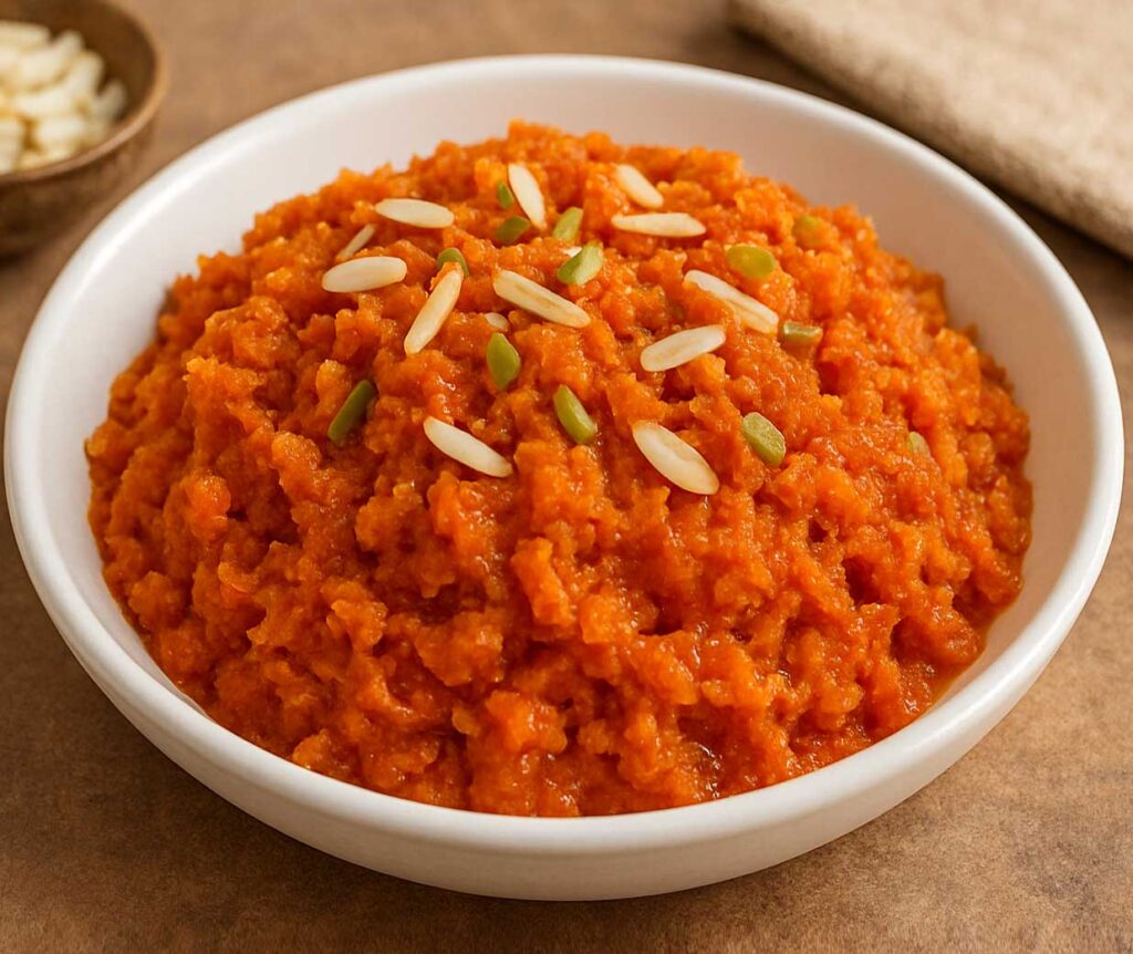 Indian Gajar Halwa dessert made with fresh grated carrots, milk, ghee, and dry fruits, served warm in a bowl.