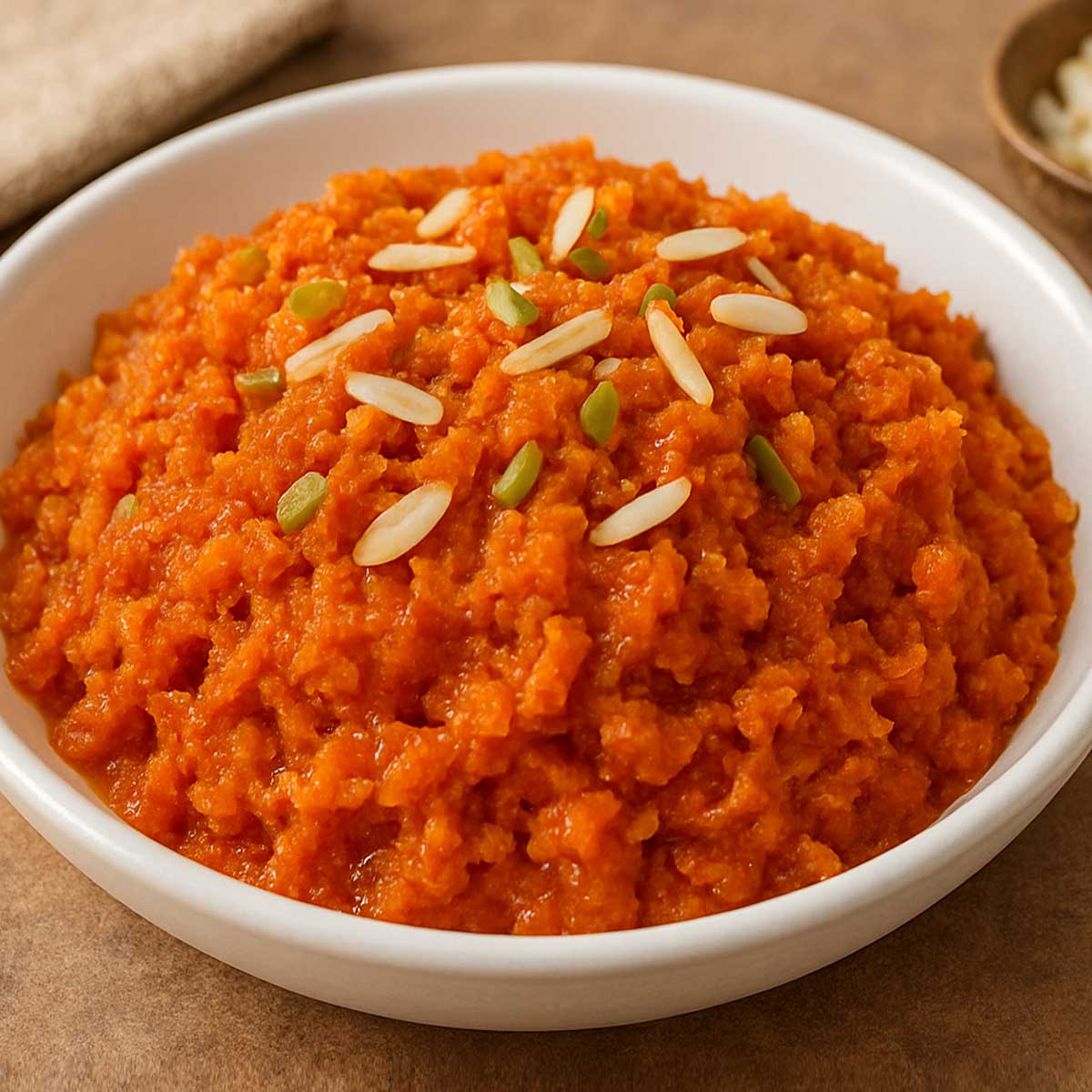 Gajar halwa Indian carrot sweet dish garnished with cashews, almonds, and pistachios nuts, a popular festive Indian dessert