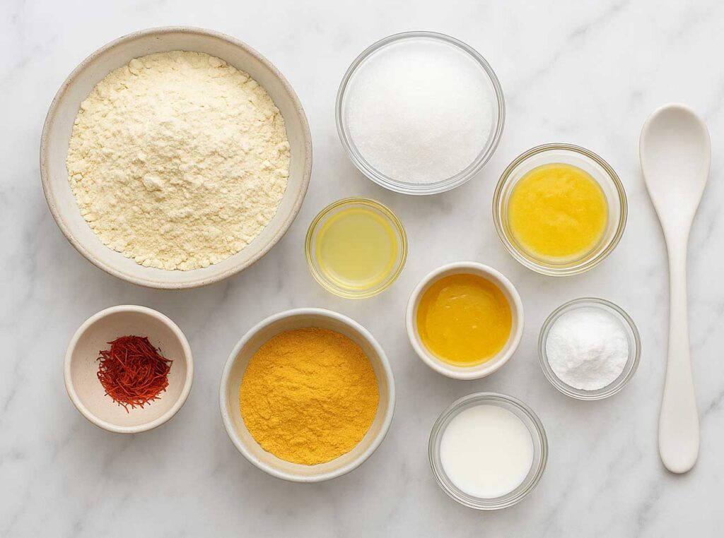 Ingredients for Jalebi recipe like flour, sugar, saffron, lemon juice, ghee, milk, and baking powder in bowls on kitchen rack.