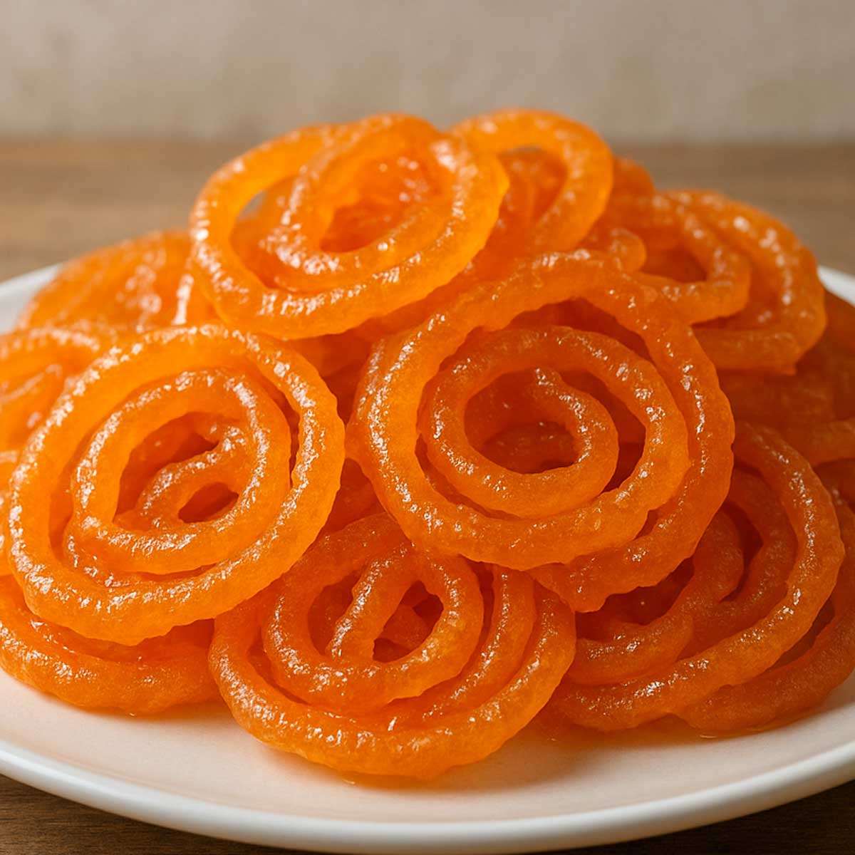 Close-up of hot jalebis in a bowl, bright orange Indian sweet soaked in saffron sugar syrup, a favorite dessert across restaurants.