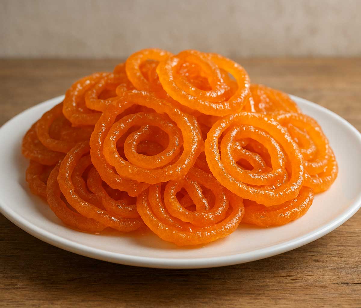 Crispy golden jalebis served in a plate, traditional Indian sweet made with fermented batter, deep-fried in spiral shapes, and soaked in sugar syrup.