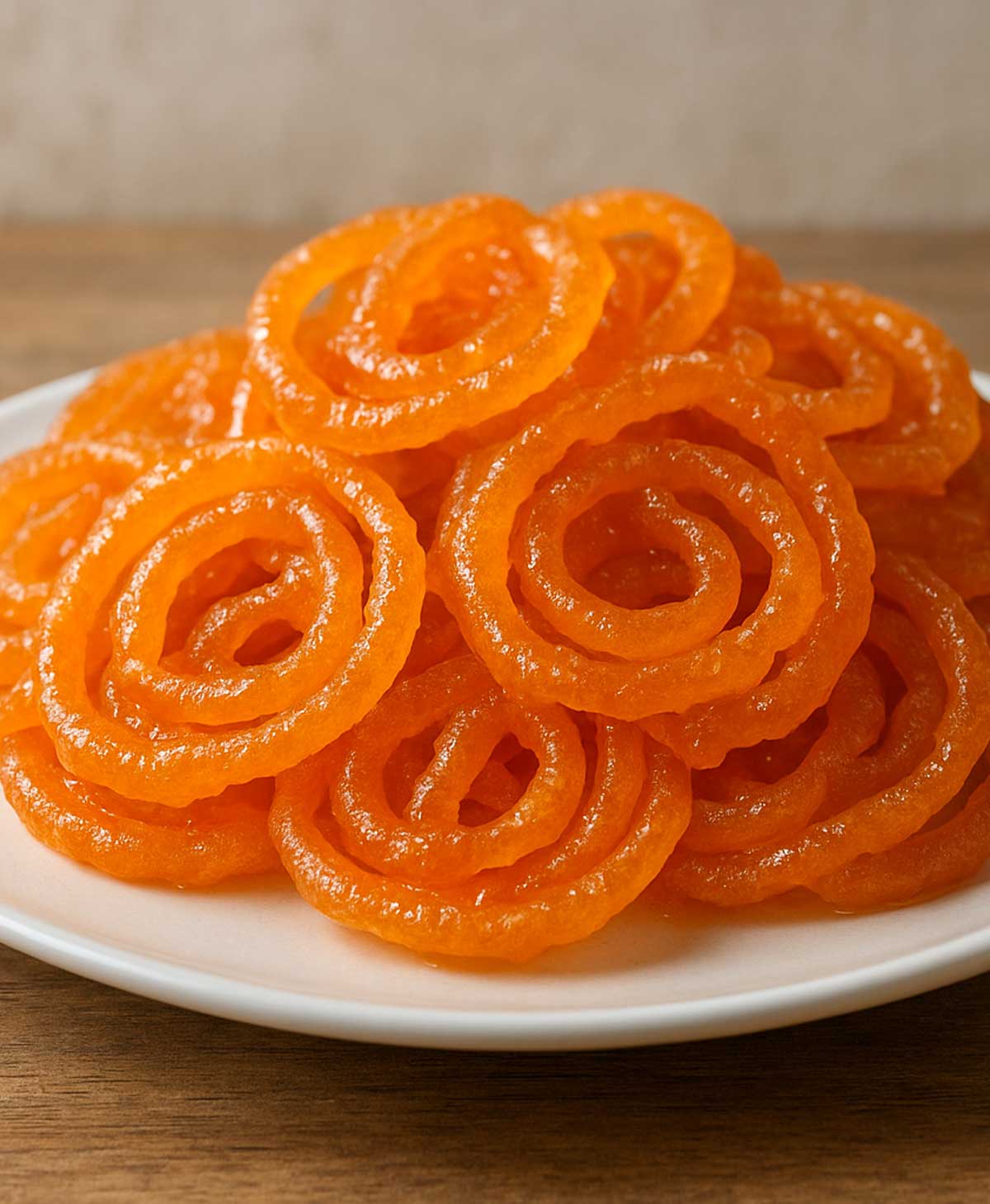 Delicious jalebis stacked in a serving bowl, crunchy on the outside and juicy inside, a classic Indian dessert often paired with rabri.