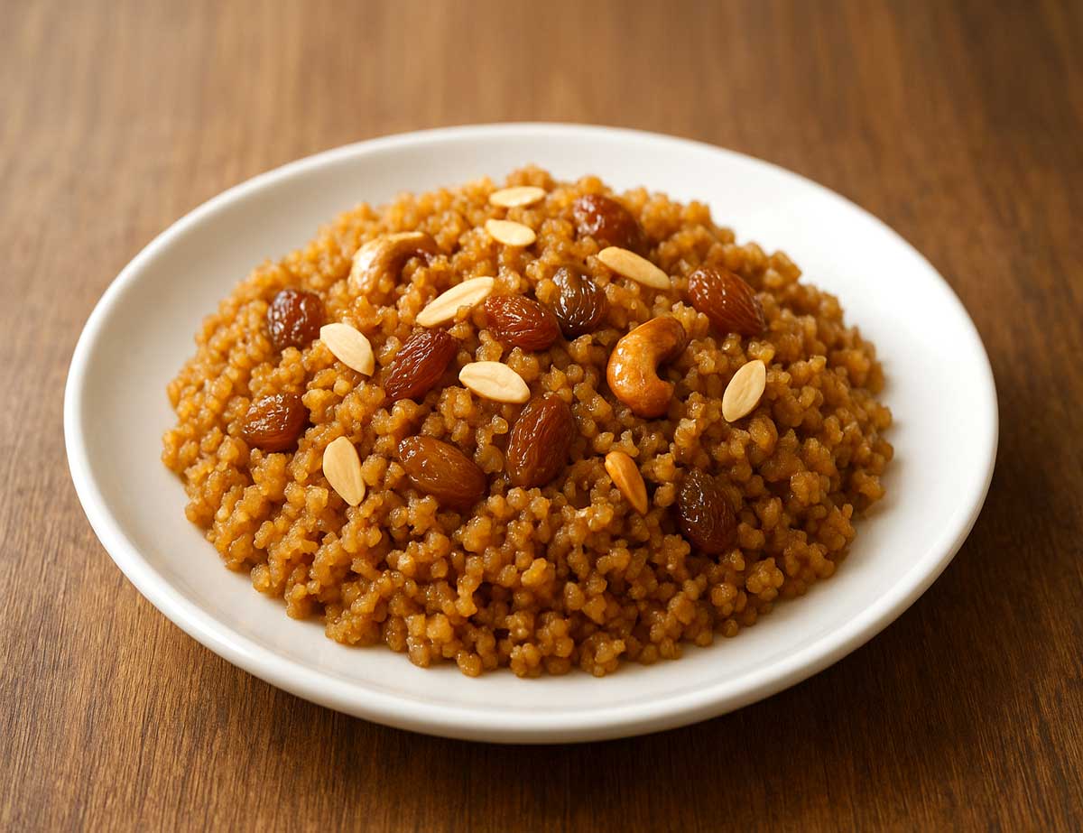 Golden Lapsi, a nutritious and healthy jaggery dessert, made with broken wheat and cardamom, garnished with cashews and served in an authentic Indian style.