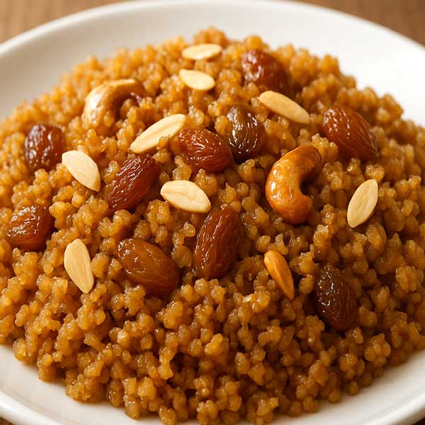 Lapsi dessert, made with broken wheat and cardamom, garnished with cashews.