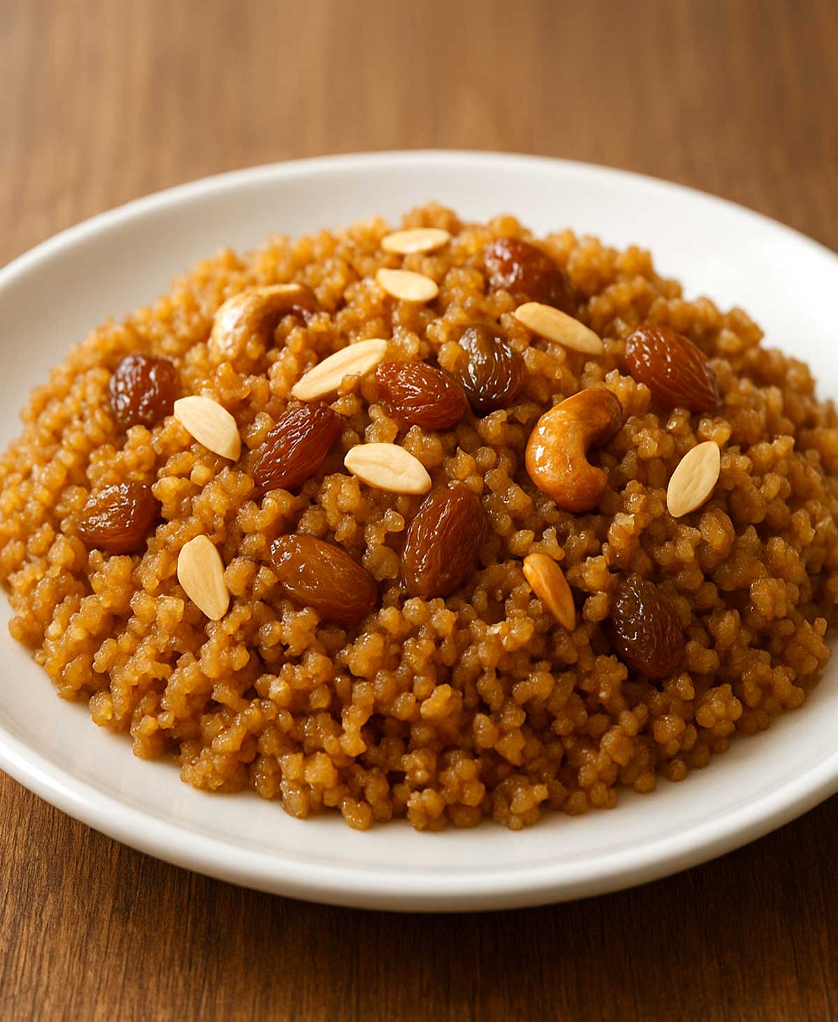 Healthy Indian dessert Lapsi made with broken wheat and jaggery, garnished with cashews and cardamom, served on a plate, a perfect Gujarati sweet recipe.