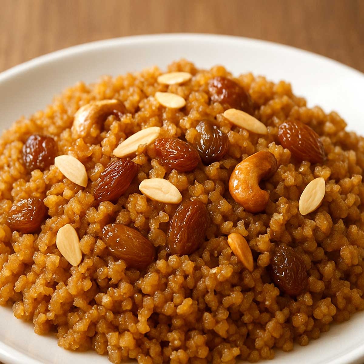 Close-up of Lapsi, a healthy Indian dessert made from whole wheat and jaggery, showing soft broken wheat cooked in jaggery syrup with raisins and almonds on top.