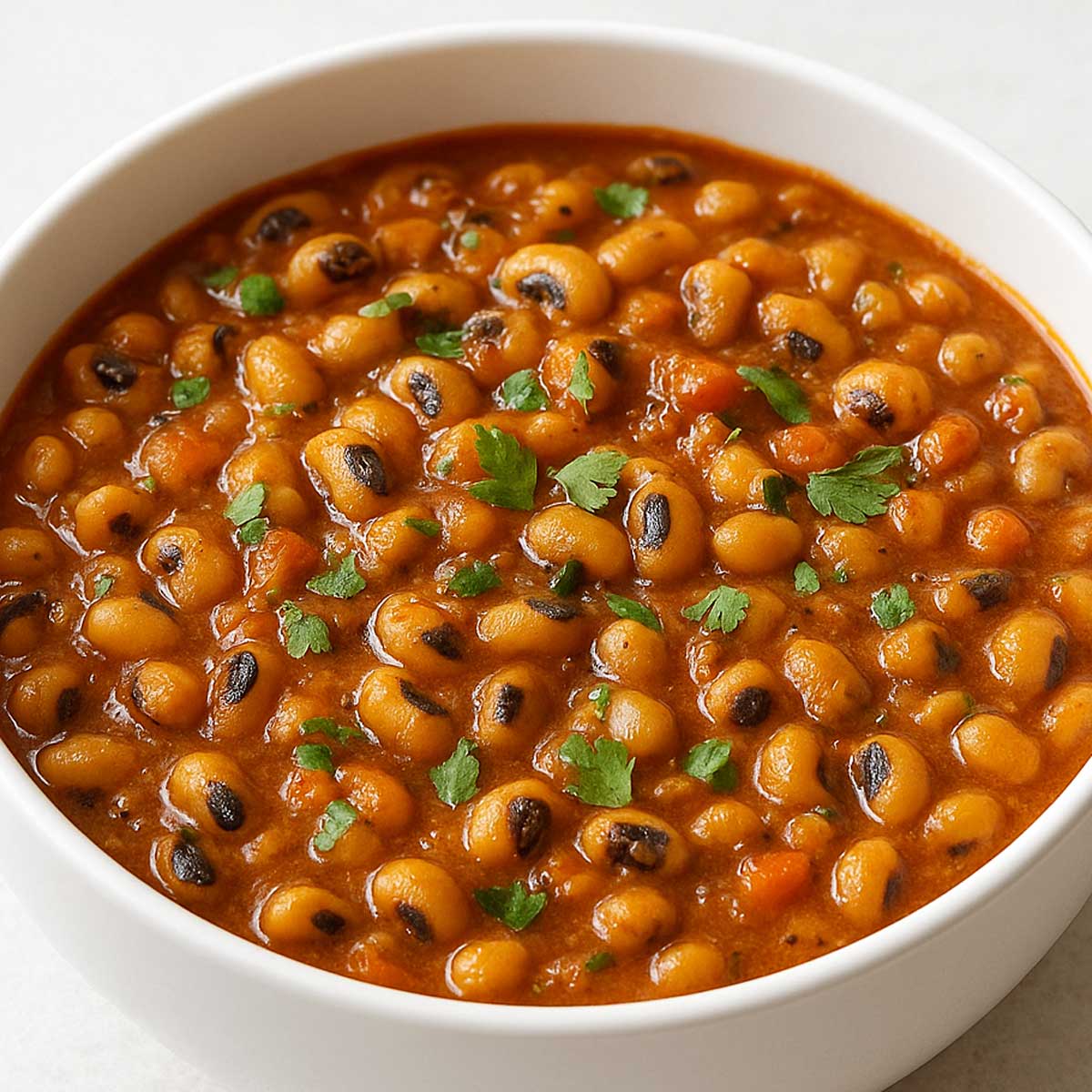 North Indian lobia curry served hot in a bowl, made with black eyed beans, turmeric, cumin, and fresh coriander for a wholesome vegetarian meal.
