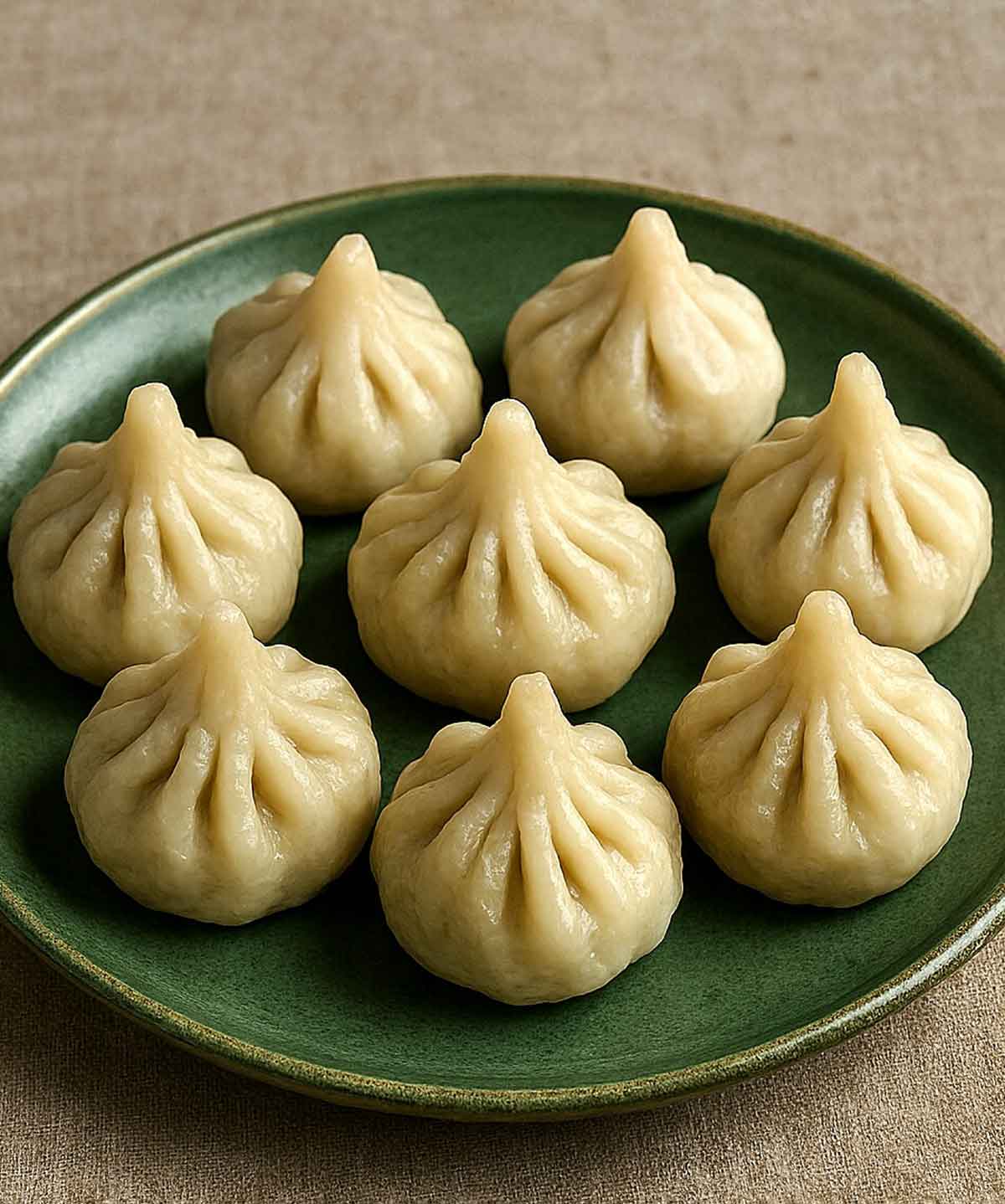 Sweet dumplings Indian modak served on a plate, each modak perfectly shaped, with a glossy, soft outer layer.