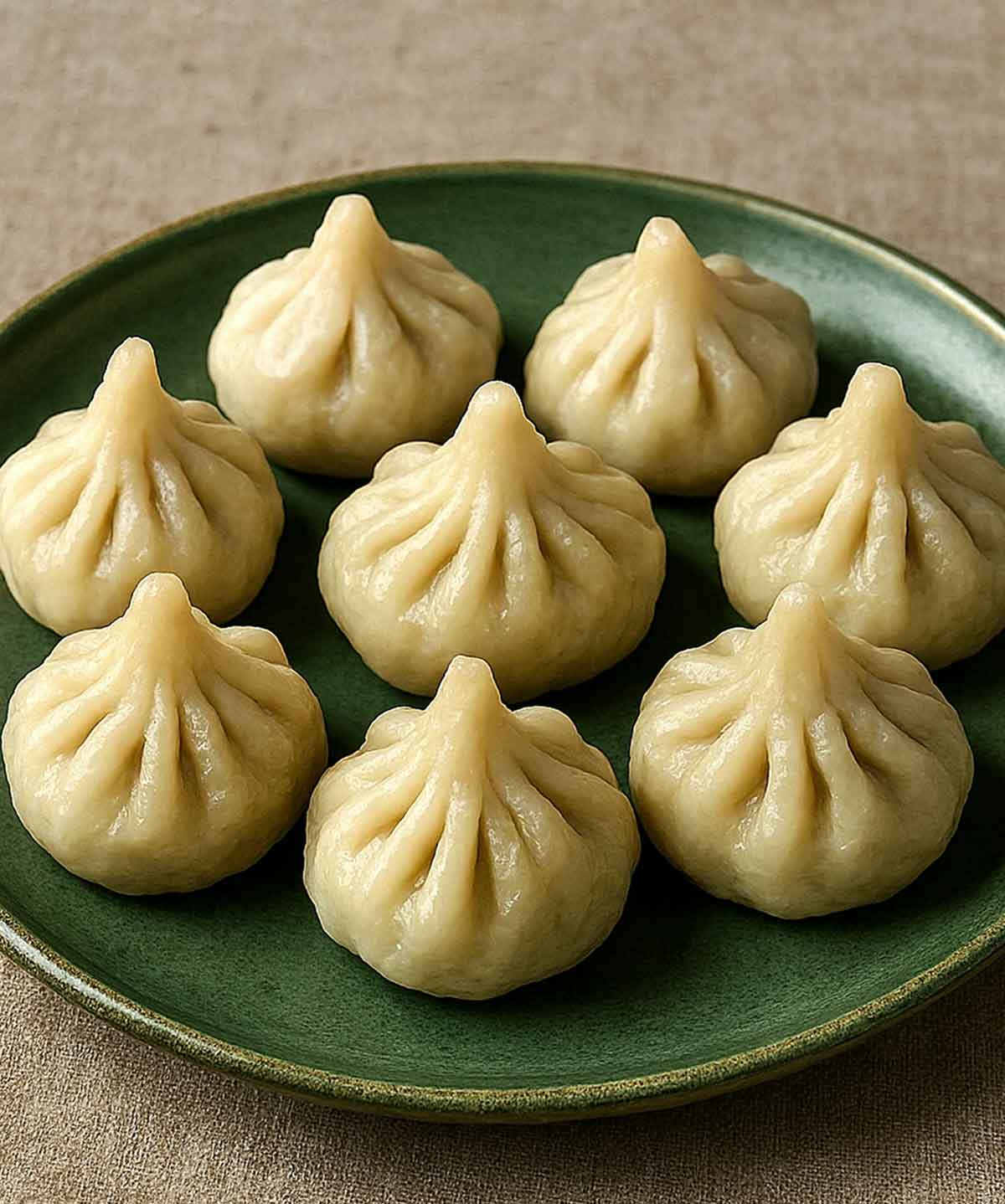 A plate of modaks served on a plate with natural lighting highlighting their delicate, pleated shape.