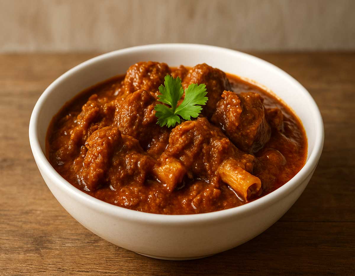 Indian Kosha Mangsho or Mutton Kosha dish featuring spicy, rich gravy and soft mutton pieces, served in a white bowl.