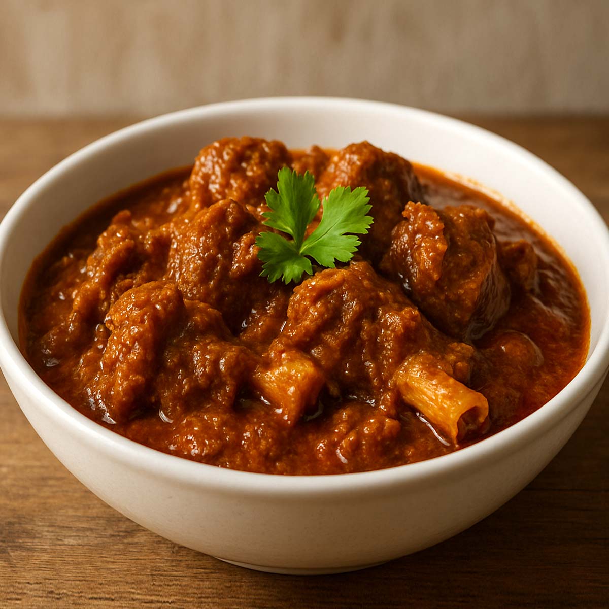 Authentic Bengali Mutton Kosha curry served in a white bowl with rich, dark brown gravy and tender mutton pieces, styled in traditional Indian food photography.