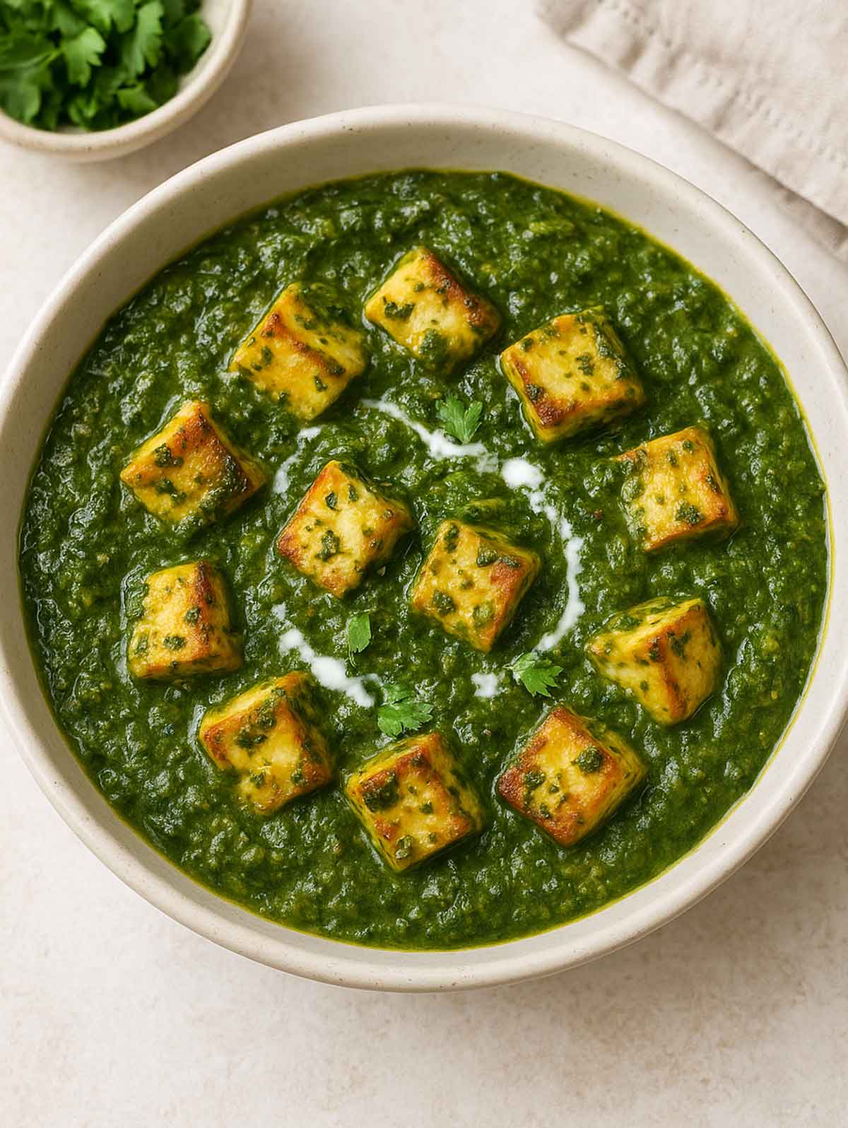 Delicious saag paneer curry served in a bowl, made with fresh spinach purée, soft paneer cubes, and traditional Indian masala, enjoyed with naan or rice.