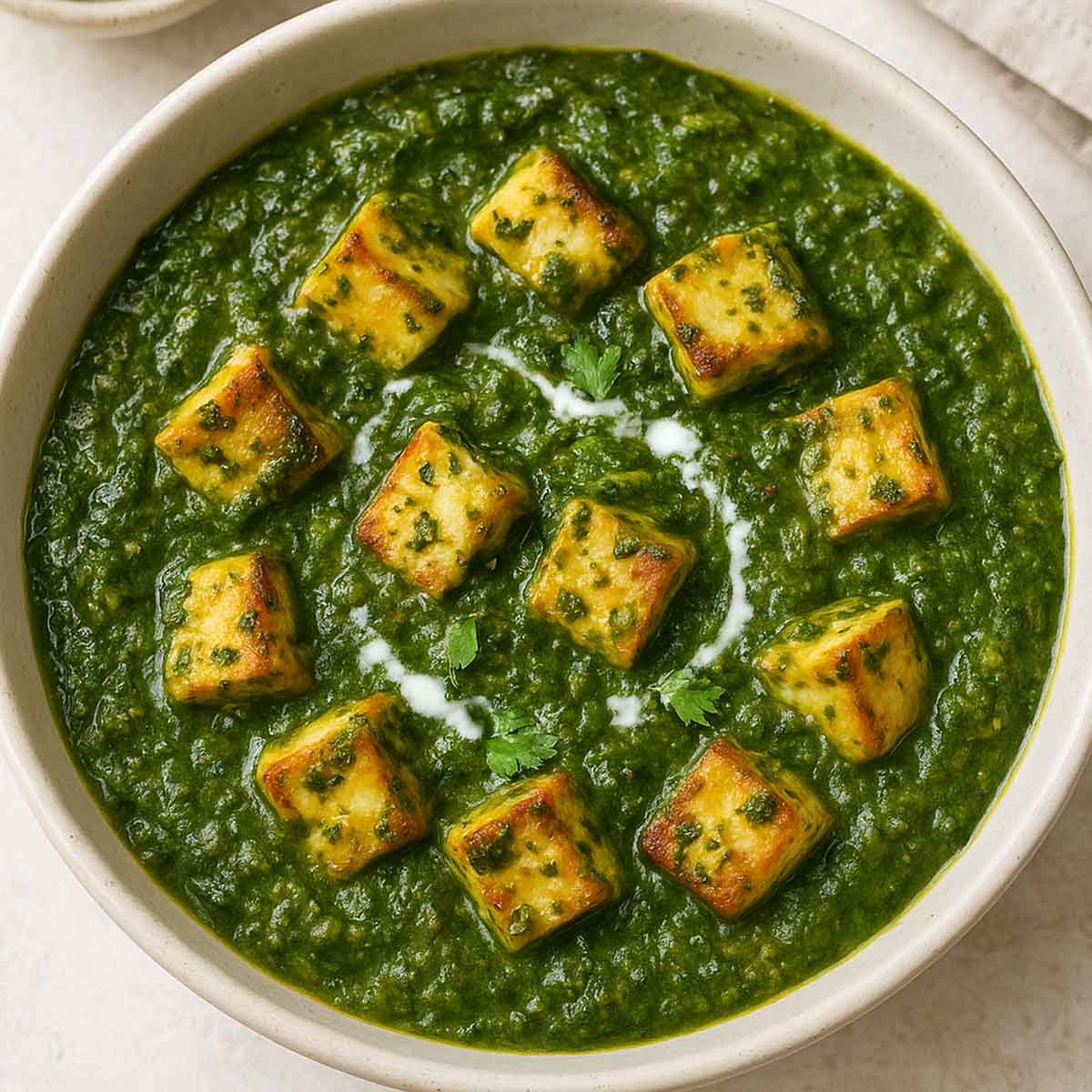 Authentic Indian saag paneer in a bowl, creamy spinach and cottage cheese curry cooked with garlic, ginger, and spices, a popular North Indian dish.