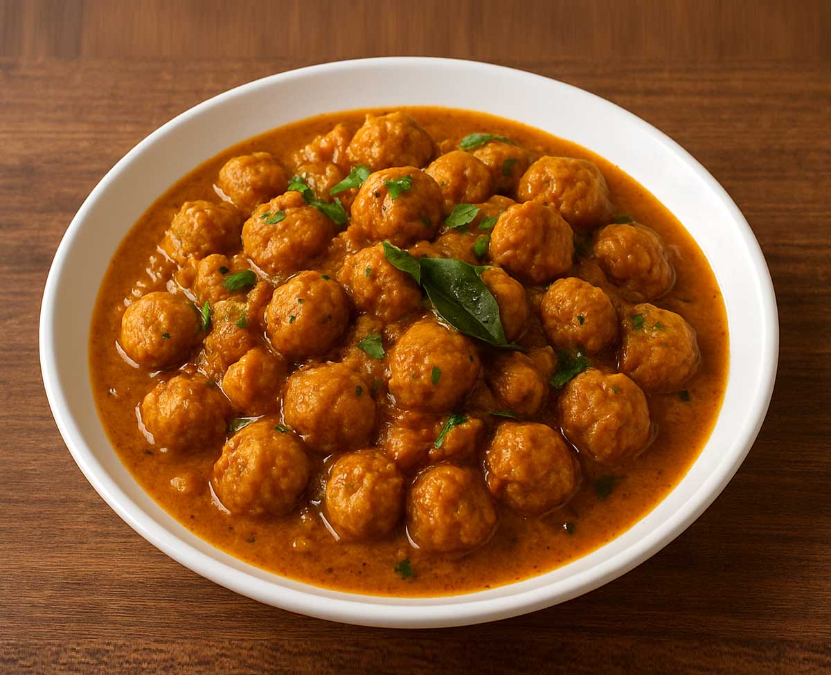 A plate of creamy soya chunks curry, highlighting the golden-brown spiced gravy and soft soy protein pieces for a wholesome vegetarian Indian dish.