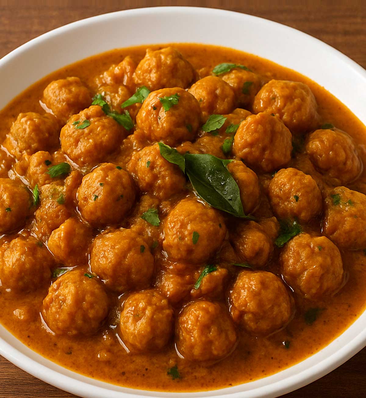 Close-up of soya chunks curry presented on a ceramic plate, rich in soy protein and flavored with Indian spices for a hearty vegetarian curry.