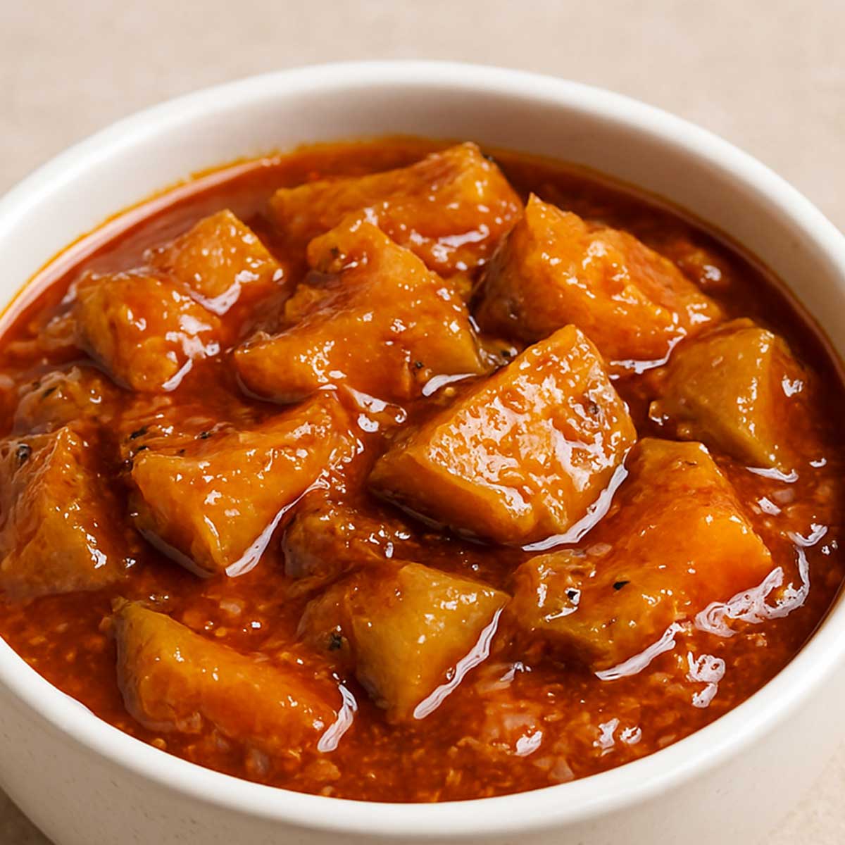 Close-up of sweet mango pickle in a bowl, Indian-style aam ka achar with jaggery and chili, a popular condiment with paratha and rice.