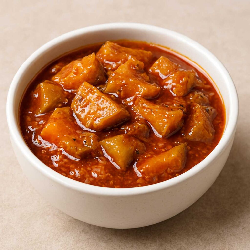 Authentic Indian sweet mango pickle served in a rustic bowl, meetha aam ka achar prepared with raw mango, sugar, fennel, and mustard seeds.