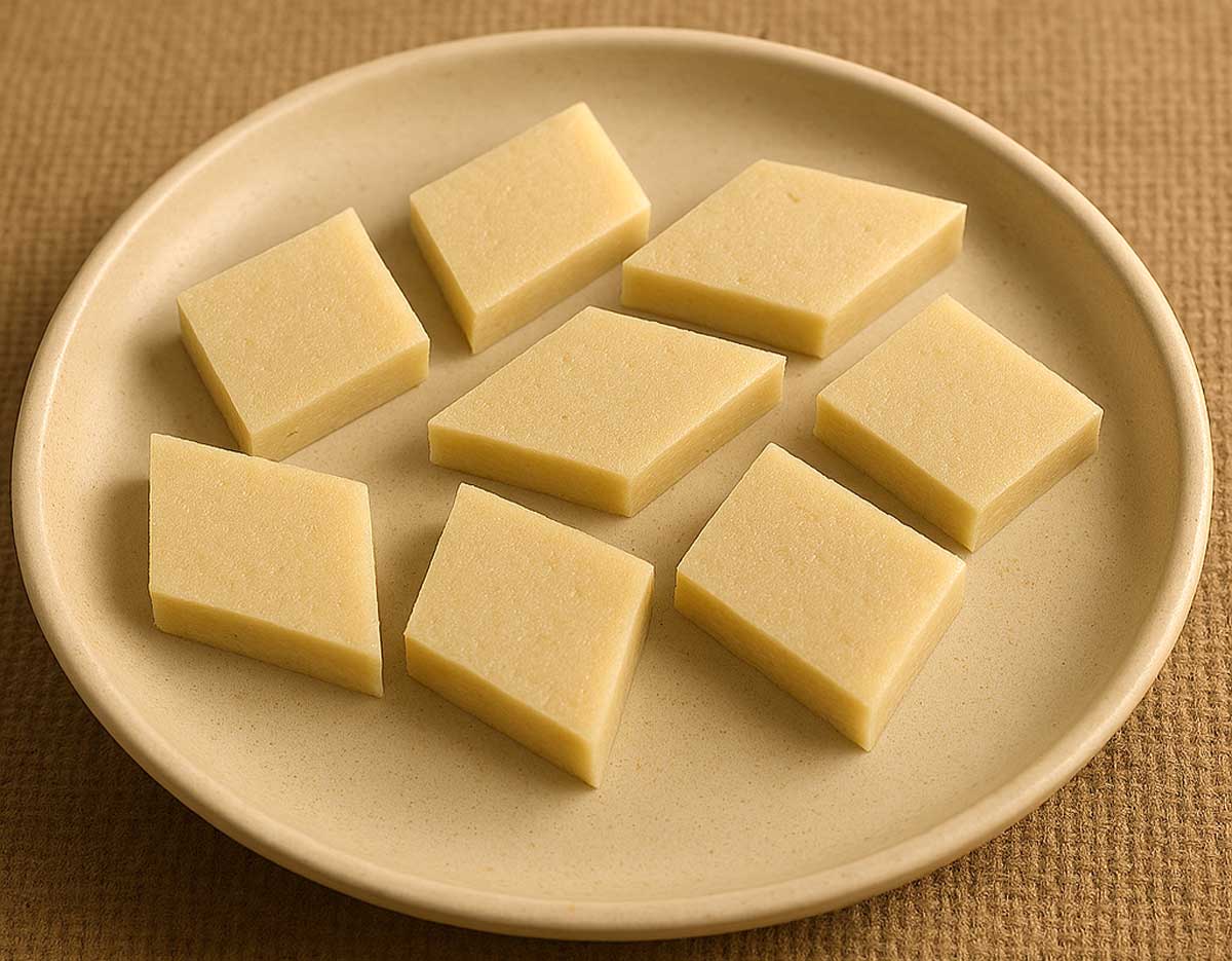 Traditional Indian Kaju Katli (cashew barfi) diamond-shaped pieces served on a festive plate for Diwali sweets.