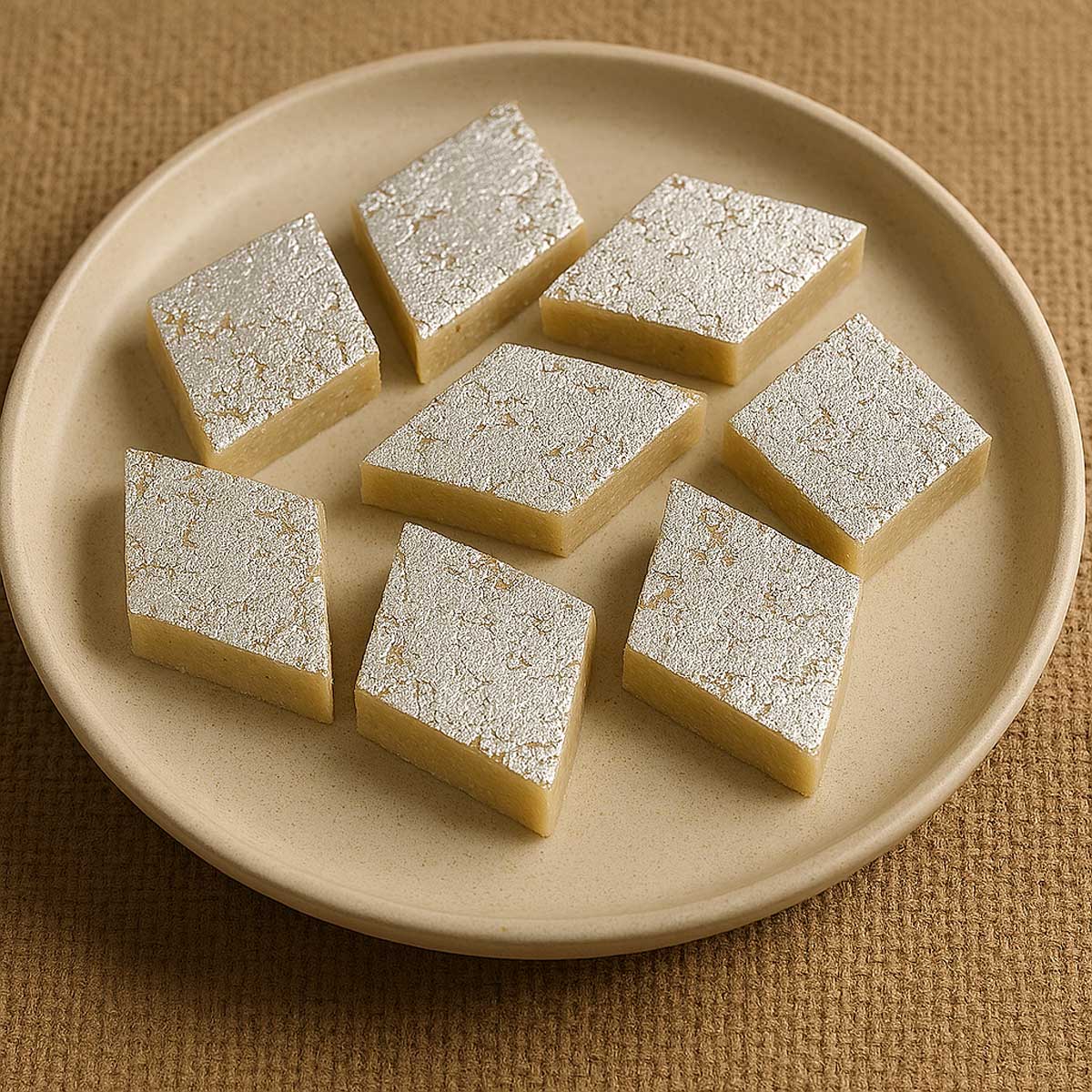 Indian dessert Kaju Katli mithai, garnished with silver varak, served on a festive platter.