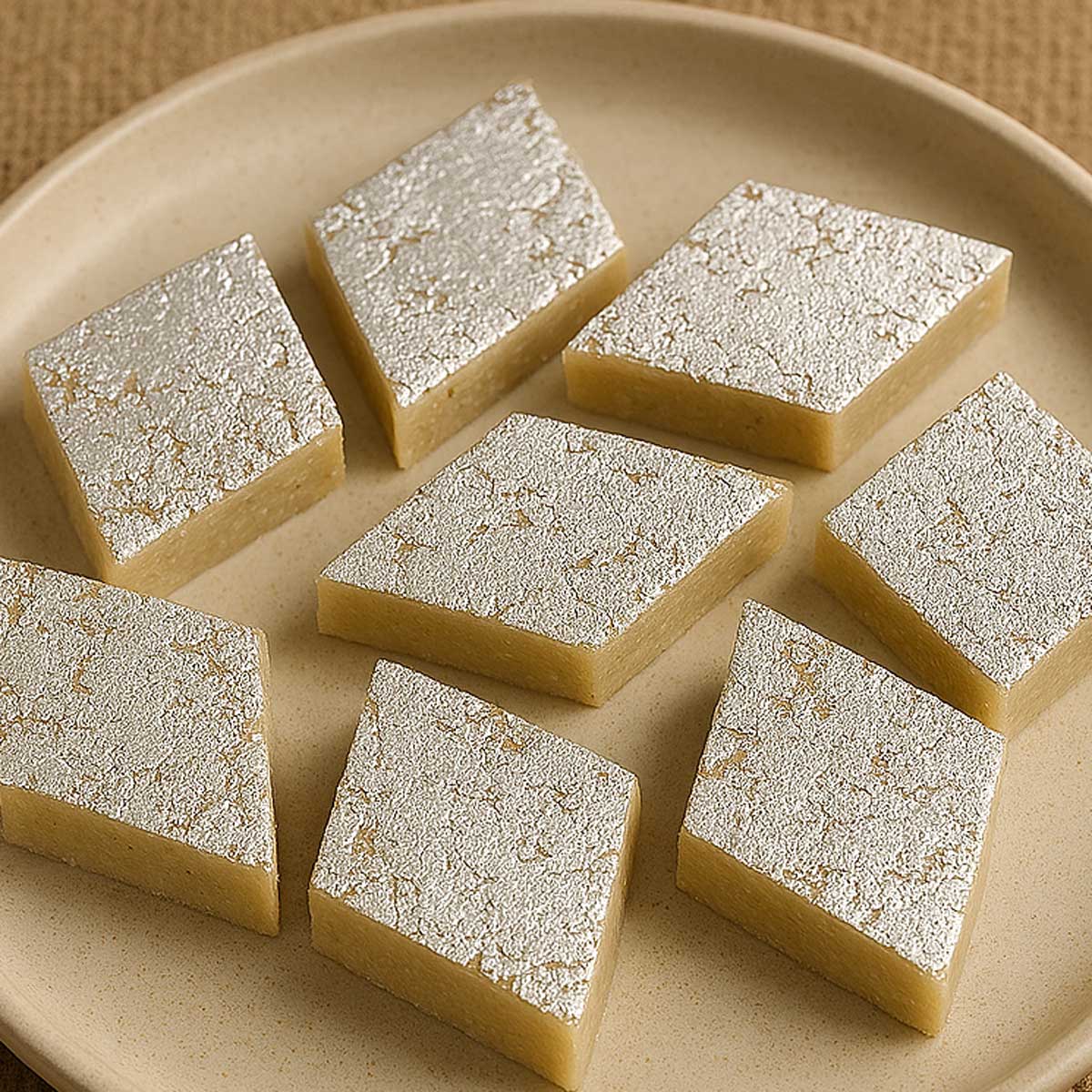 Homemade Kaju Katli recipe, soft cashew fudge garnished with silver leaf and arranged neatly on a plate.