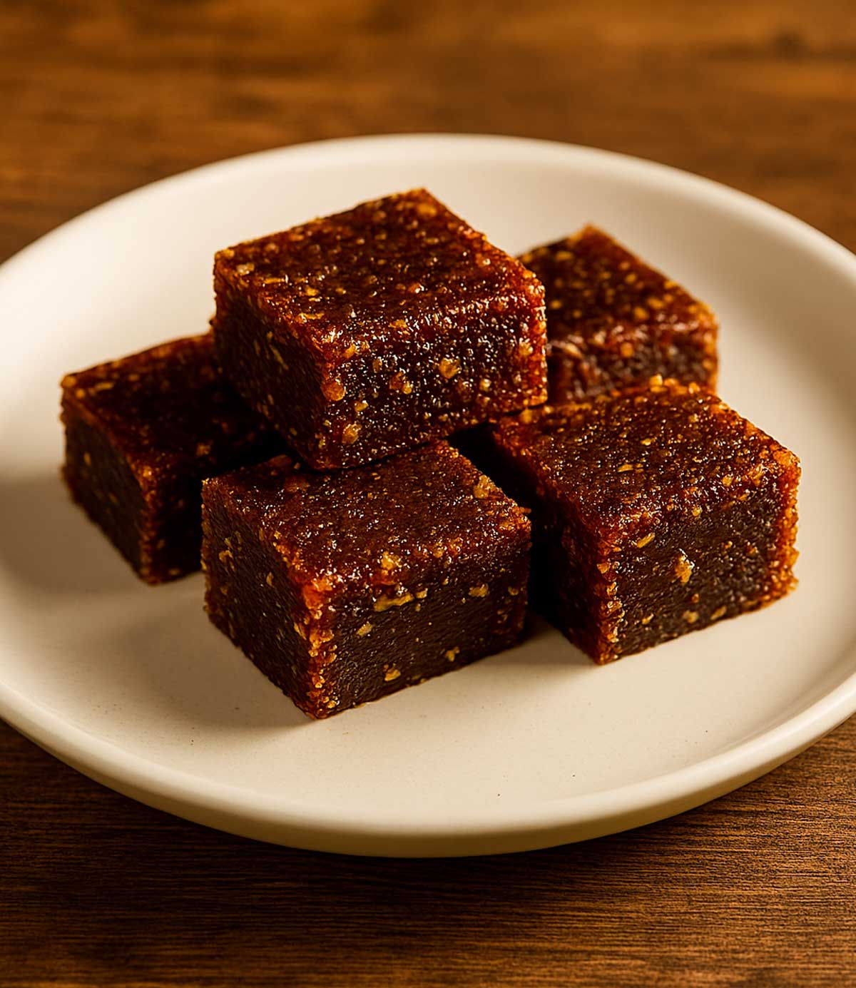 Plate of healthy fig barfi fig barfi arranged neatly on a decorative plate served as a guilt-free Indian sweet treat.