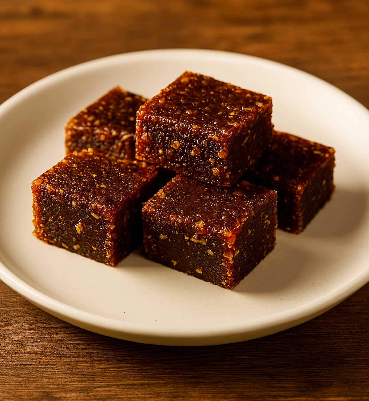 Square pieces of sugar-free dry fig dessert Anjeer Barfi served on a white plate.