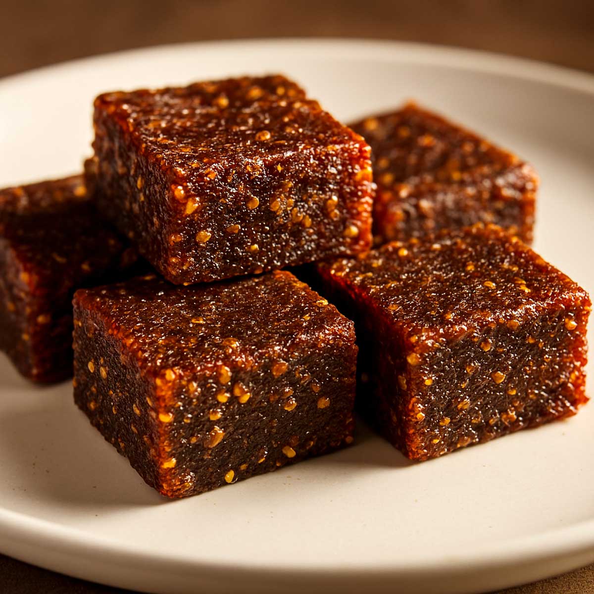 Close-up of Fig dessert Anjeer Barfi slices on a plate, showing chewy figs and cardamom flavor.