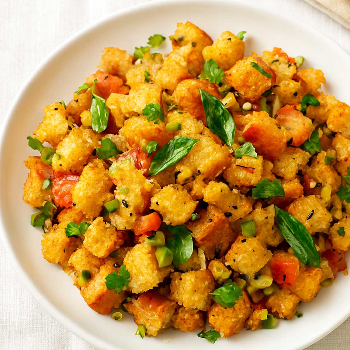 Vegetarian breakfast bread upma with turmeric and fresh coriander for breakfast