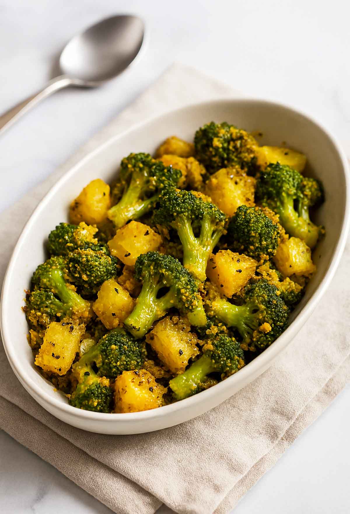 Indian-style broccoli stir fry served in a white bowl with fresh coriander garnish