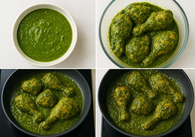 Goan Chicken Cafreal recipe making steps step-by-step preparation, blending green masala, marinating chicken, and cooking on pan before final plating