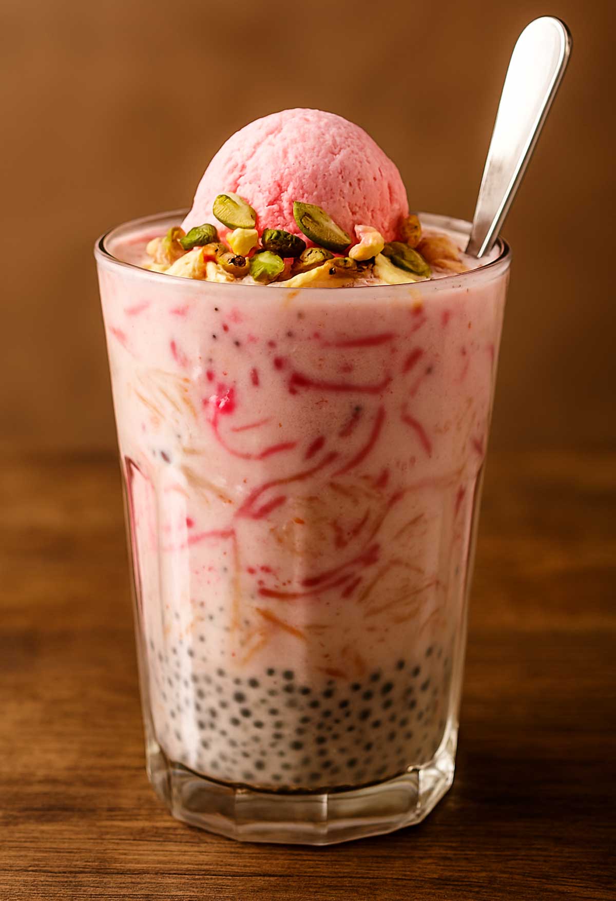 Falooda served in a tall glass with layers of vermicelli, basil seeds, and rose syrup.