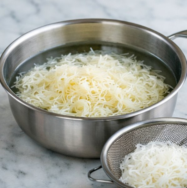 Cooked falooda sev noodles in a bowl, soft and tender, ready for layering in falooda dessert.