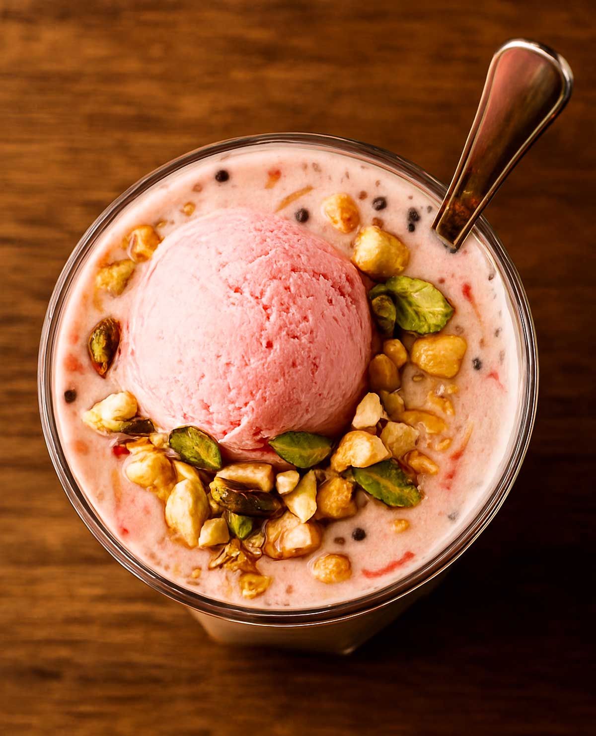 Falooda dessert topped with ice cream and nuts.