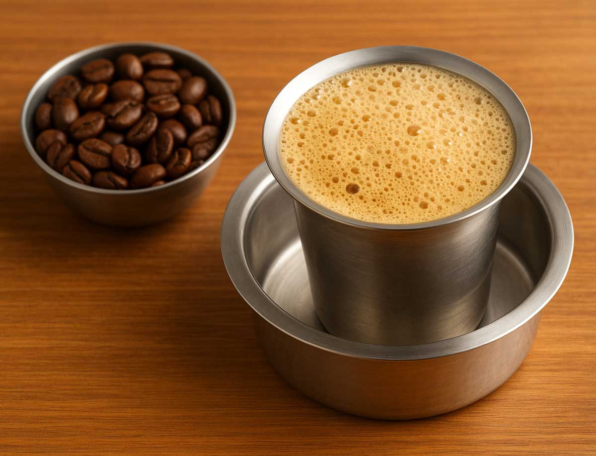 Traditional South Indian coffee set with tumbler and dabara on a tray