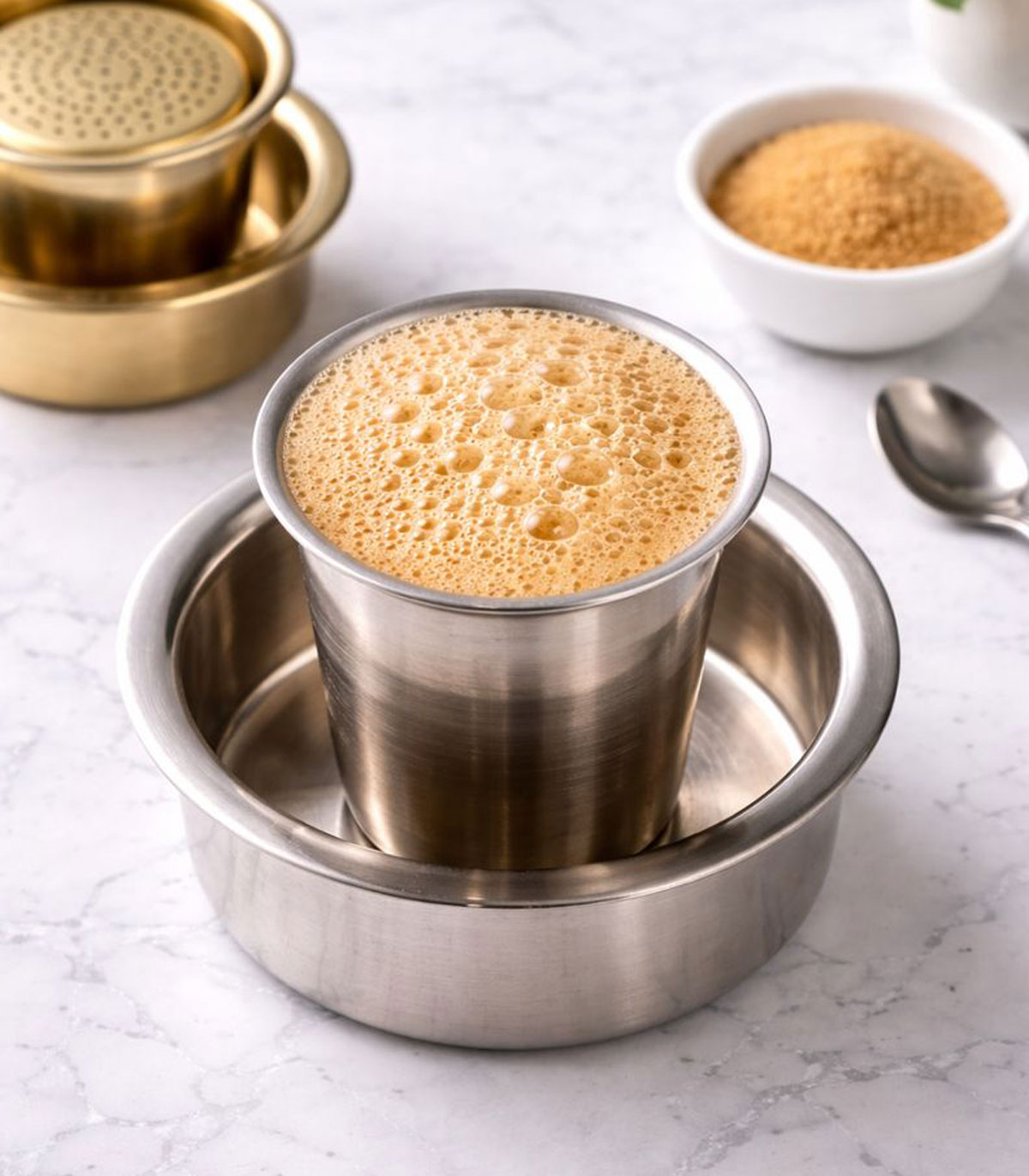 South Indian filter coffee served in a traditional steel tumbler with frothy top.