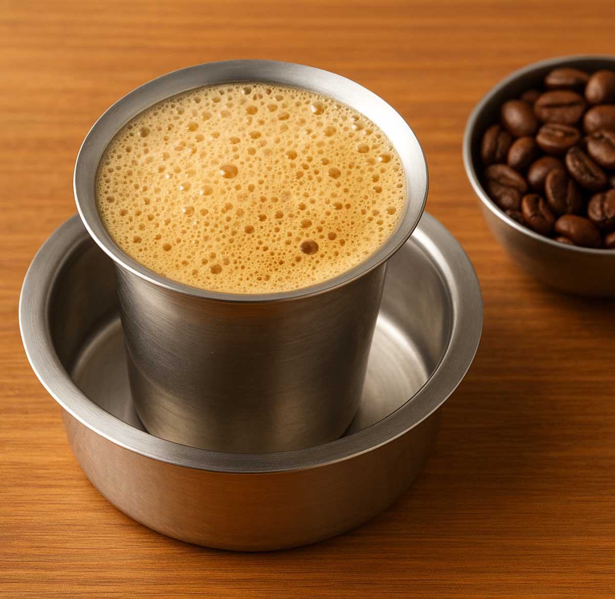 South Indian filter coffee served in a traditional steel tumbler with frothy top