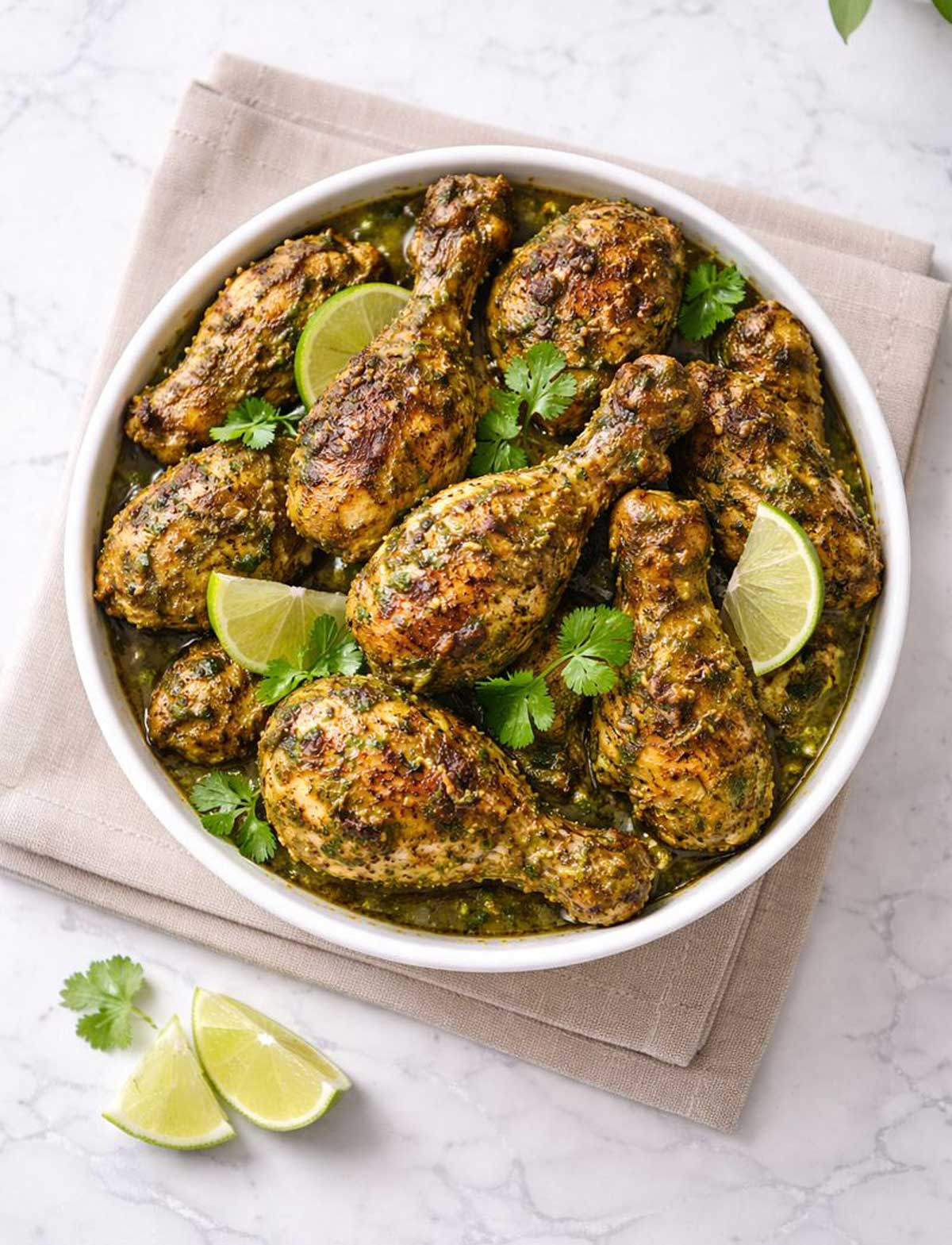 Goan green chicken curry cafreal with rich spicy masala and garnished with coriander leaves