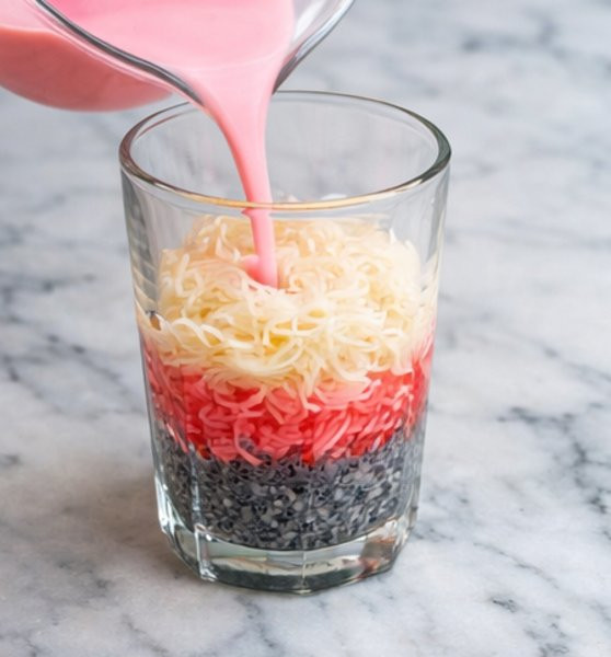 Tall glass of ice cream falooda showing layers of soaked basil seeds, falooda sev, rose-infused milk, topped with vanilla ice cream and sprinkled nuts, side view on marble surface.
