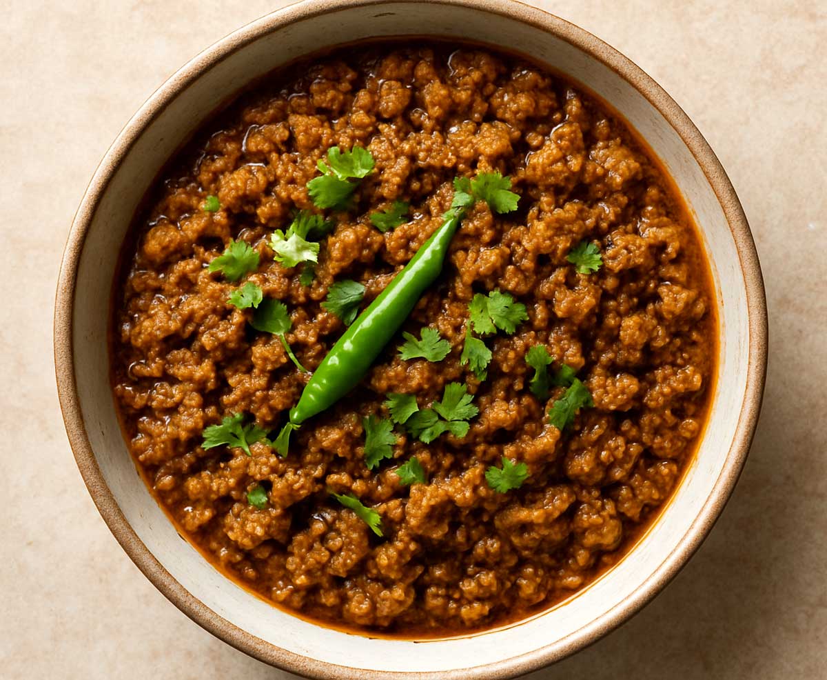semi-dry keema mutton curry garnished with coriander