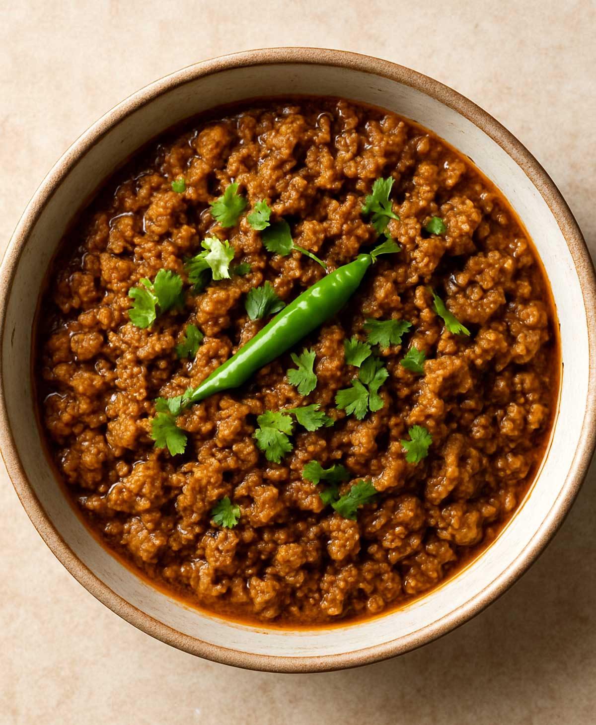 authentic Indian keema curry served in a white bowl with fresh coriander garnish