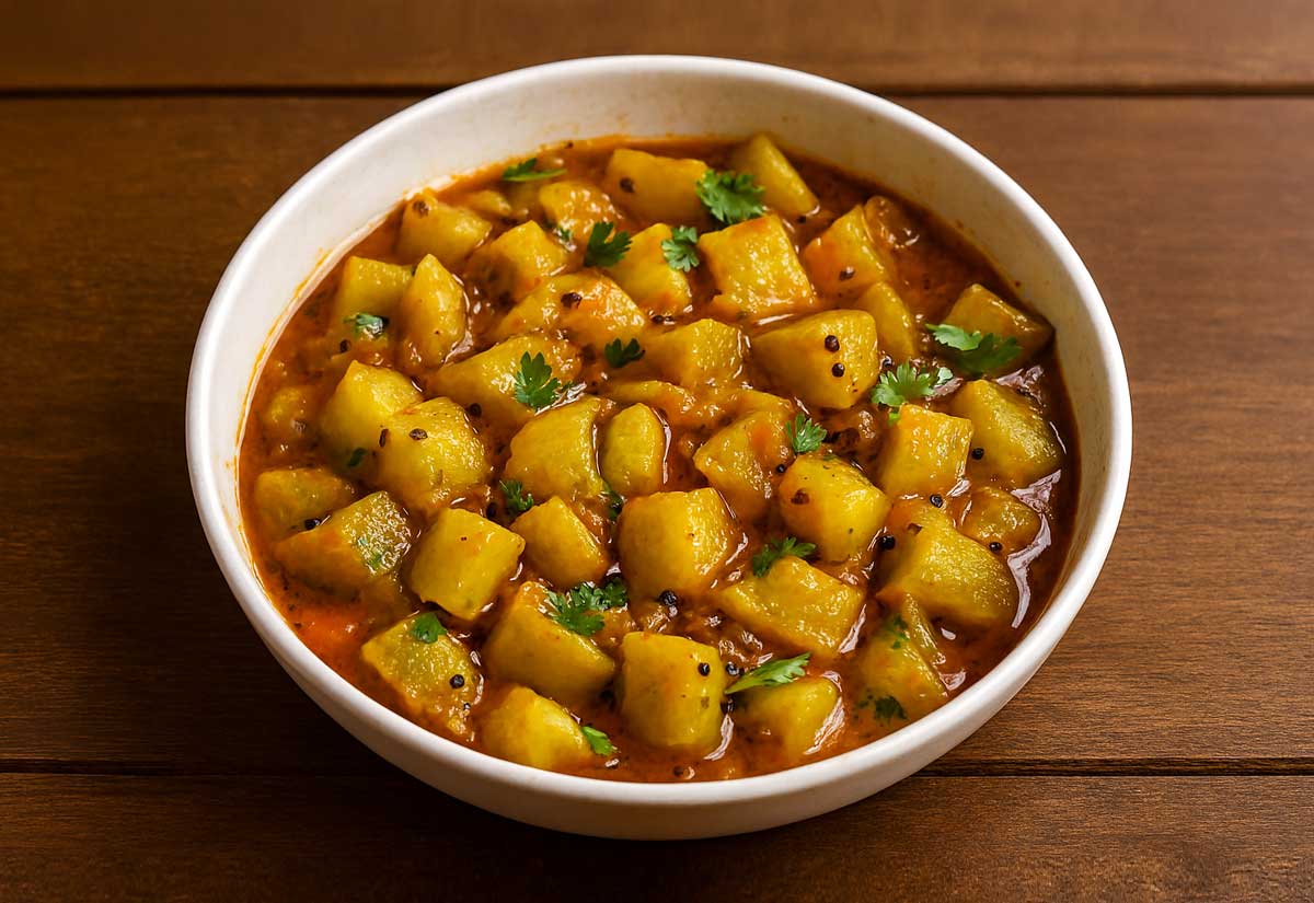 Plate of Lauki Ki Sabzi garnished with fresh coriander, on a table