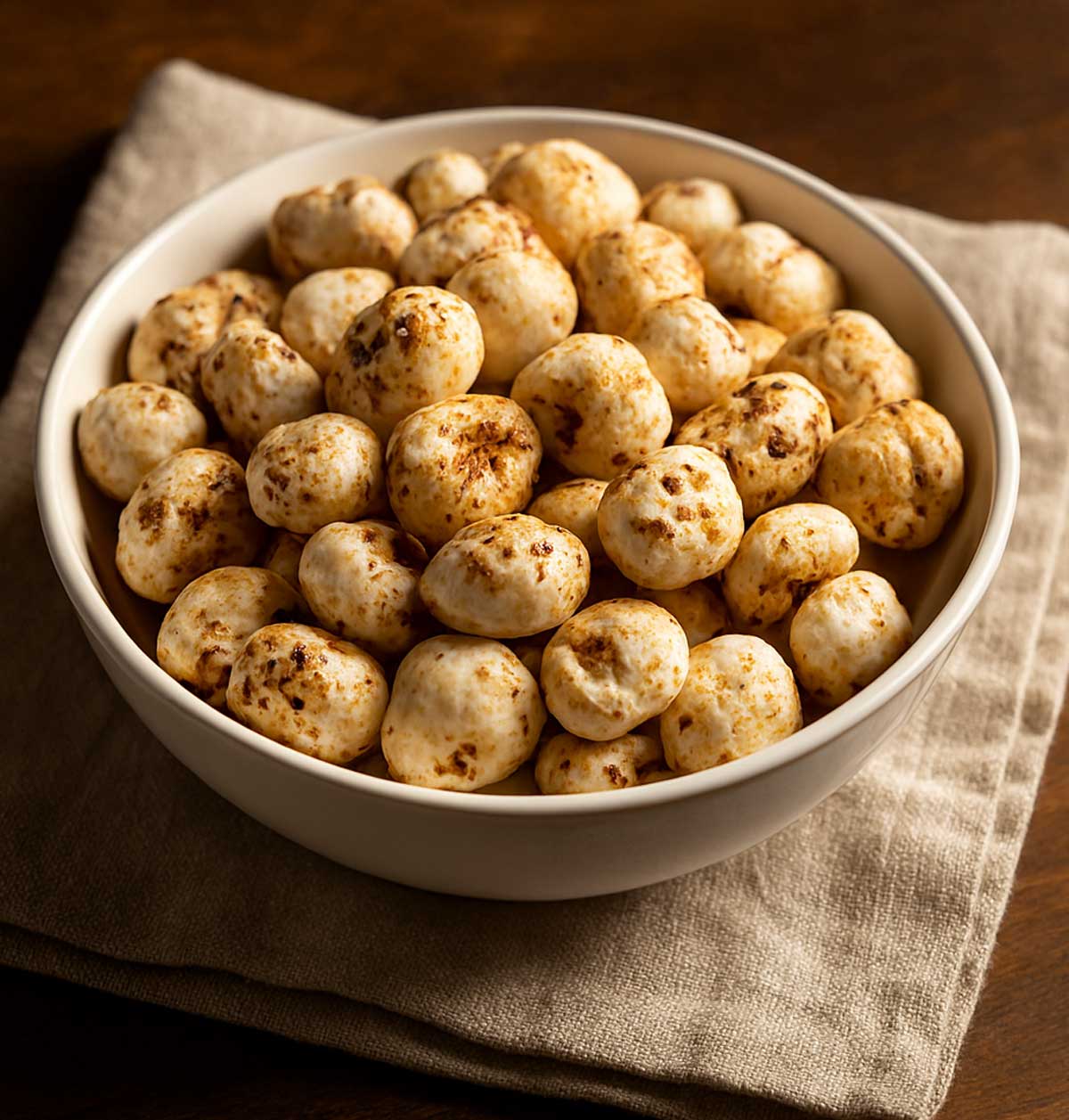 Crispy roasted makhana fox nuts served on a white plate healthy Indian snack