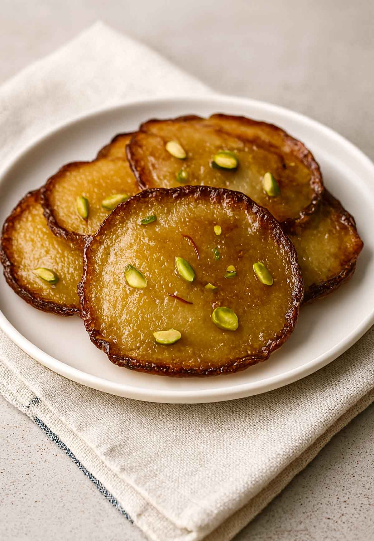 Easy Indian Malpua recipe, soft and fluffy Malpua with pistachio garnish served on a plate
