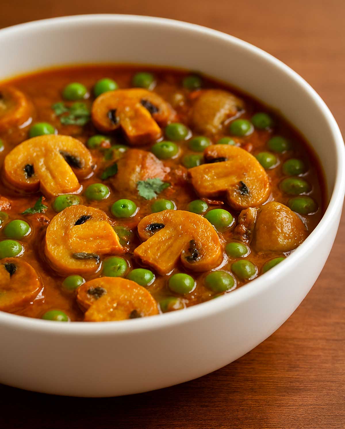 Restaurant-style Matar Mushroom curry served in a bowl with cream and coriander, perfect for a healthy meals.