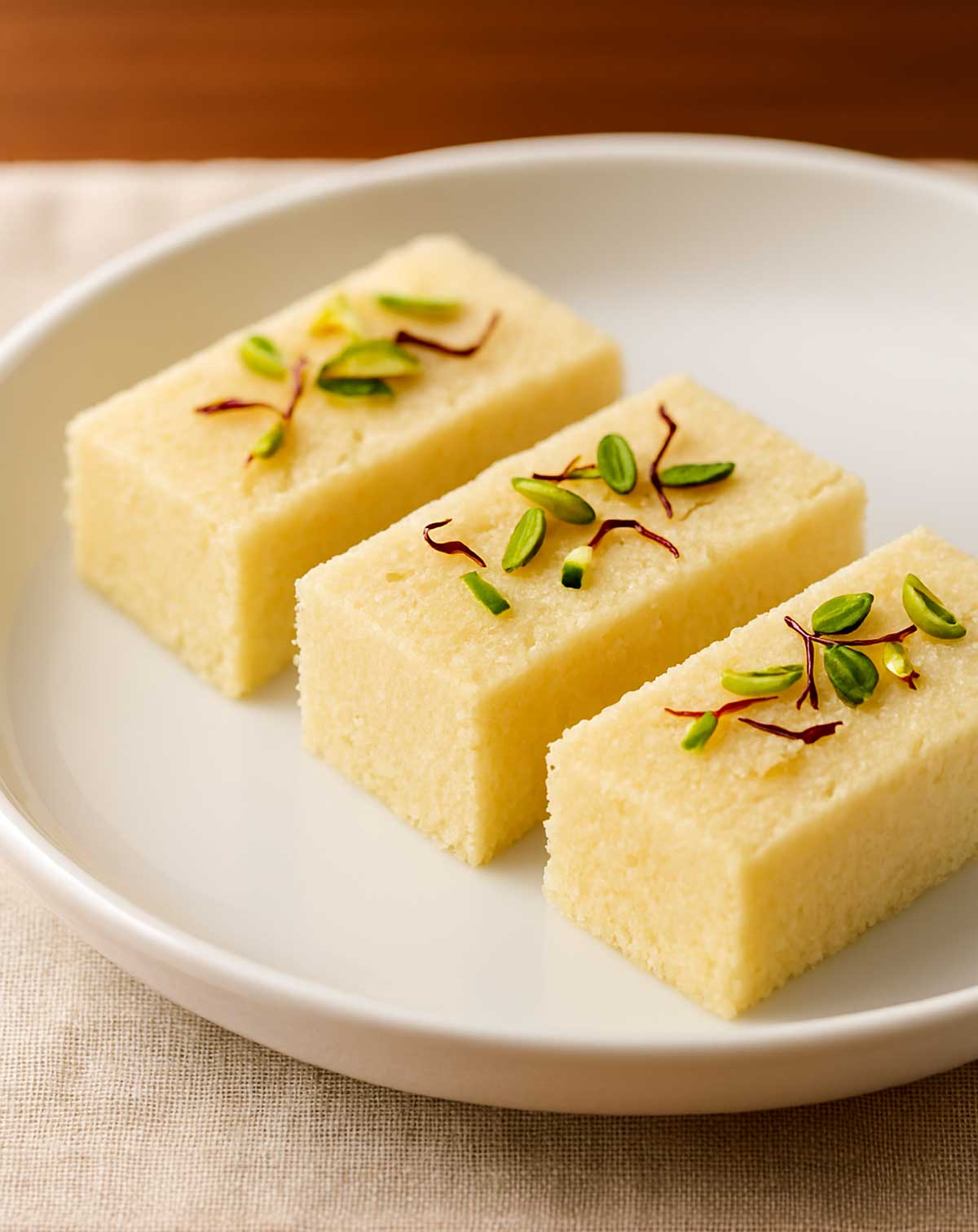 Creamy Doodh Barfi plated with chopped almonds and pistachios, Indian mithai.